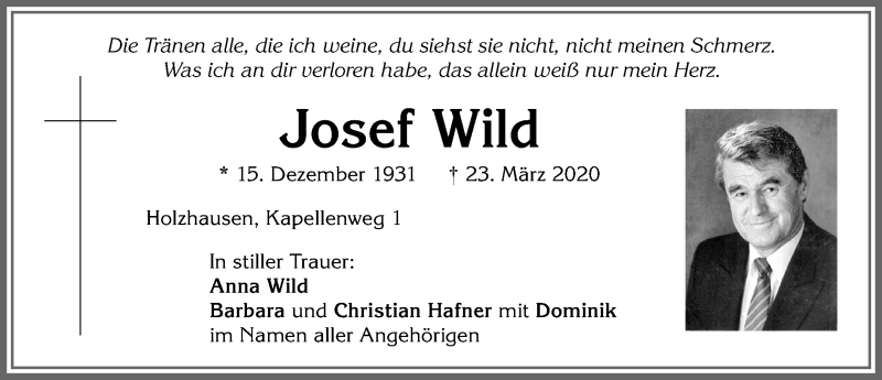Traueranzeige von Josef Wild von Allgäuer Zeitung, Kaufbeuren/Buchloe