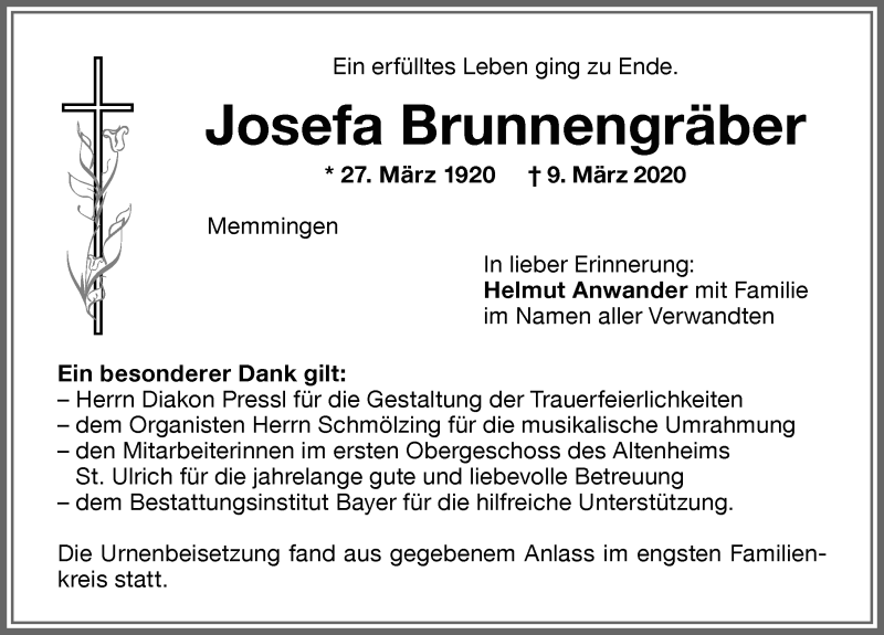 Traueranzeige von Josefa Brunnengräber von Memminger Zeitung