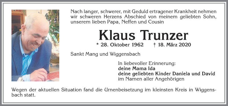 Traueranzeige von Klaus Trunzer von Allgäuer Zeitung,Kempten