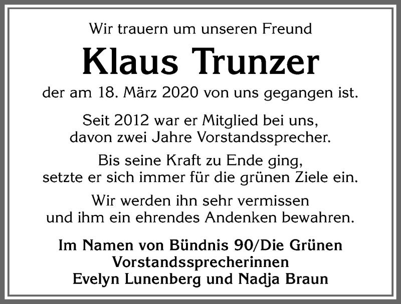 Traueranzeige von Klaus Trunzer von Allgäuer Zeitung,Kempten