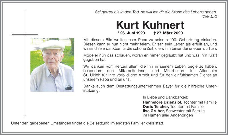 Traueranzeige von Kurt Kuhnert von Memminger Zeitung