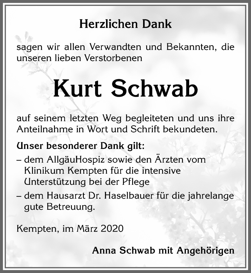 Traueranzeige von Kurt Schwab von Allgäuer Zeitung,Kempten