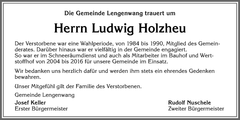 Traueranzeige von Ludwig Holzheu von Allgäuer Zeitung, Marktoberdorf