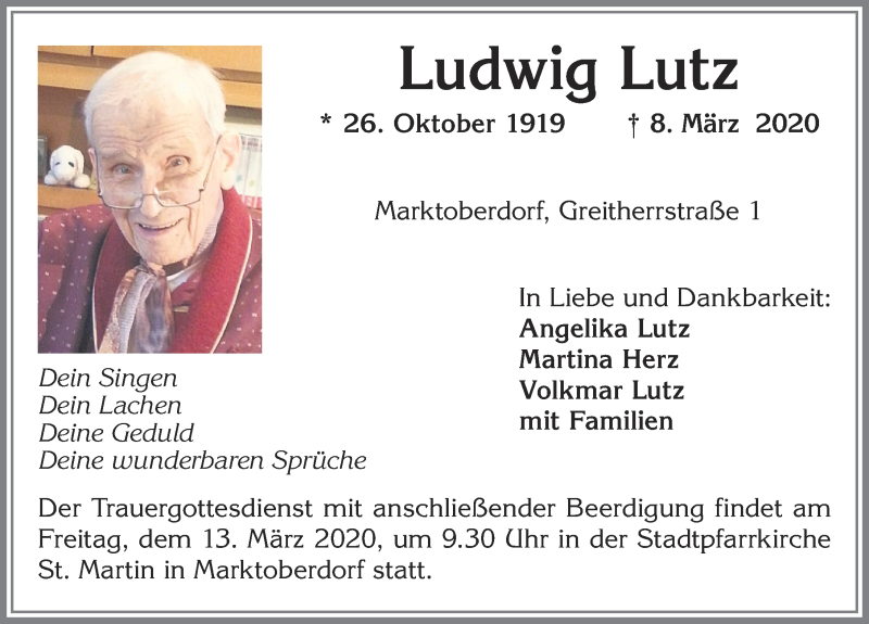 Traueranzeige von Ludwig Lutz von Allgäuer Zeitung, Marktoberdorf