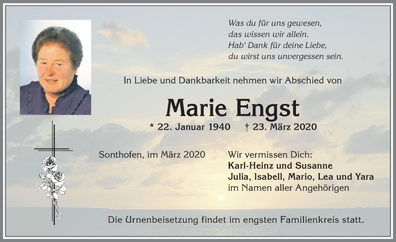 Traueranzeige von Marie Engst von Allgäuer Anzeigeblatt
