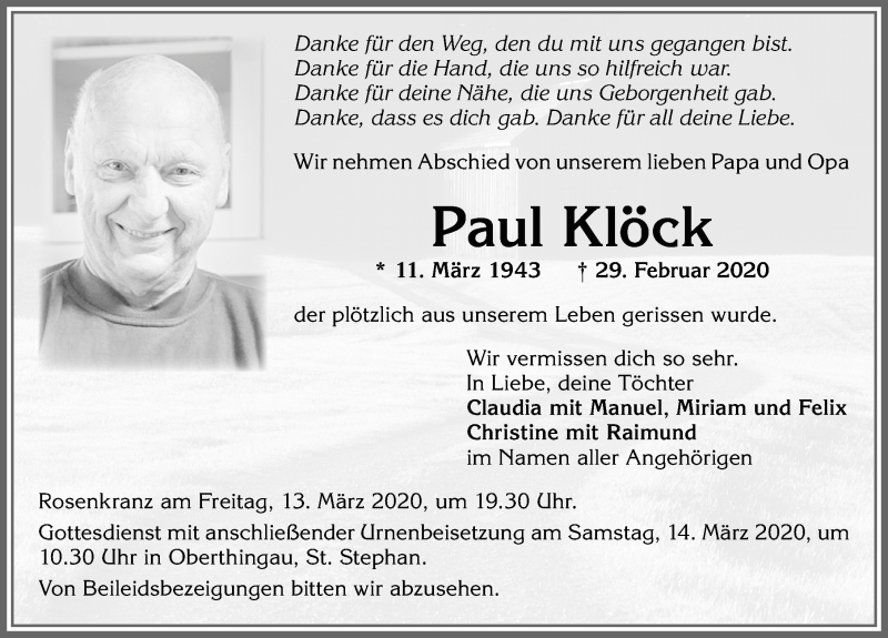 Traueranzeige von Paul Klöck von Allgäuer Zeitung, Marktoberdorf