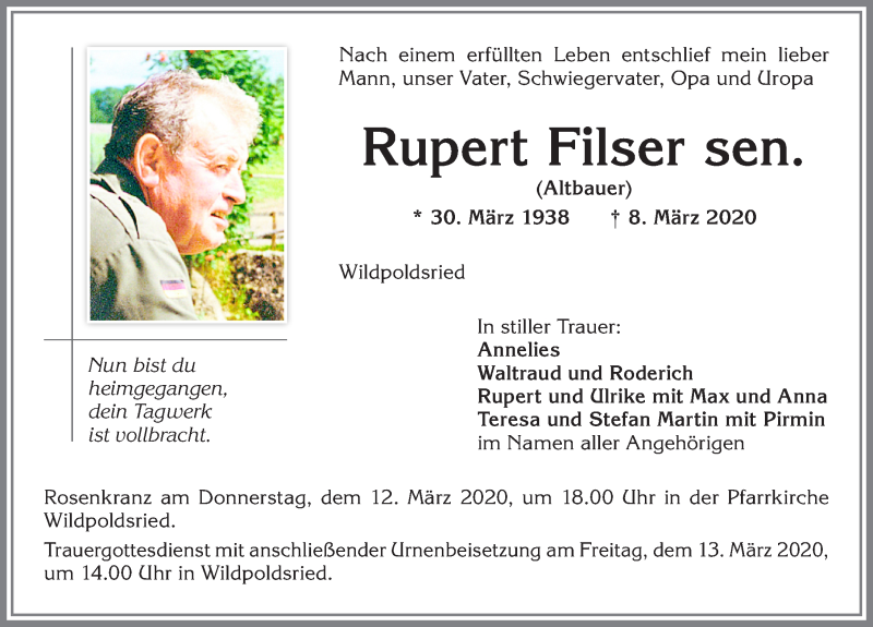 Traueranzeige von Rupert Filser von Allgäuer Zeitung,Kempten