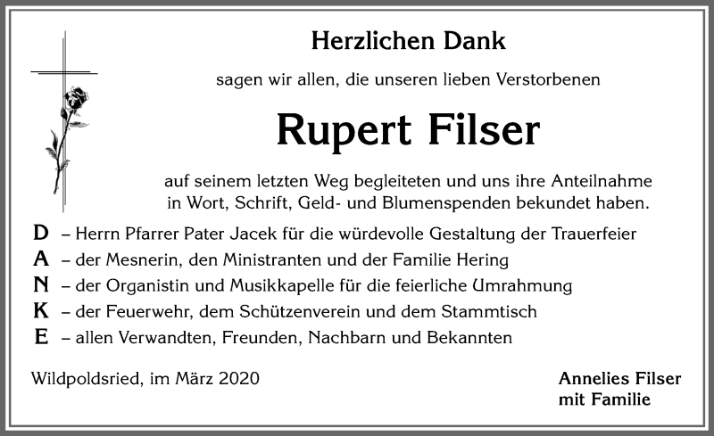 Traueranzeige von Rupert Filser von Allgäuer Zeitung,Kempten