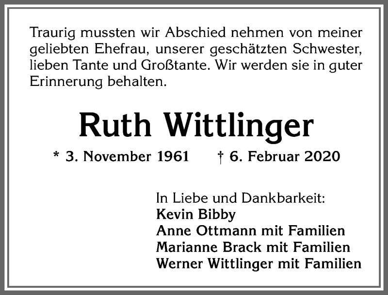 Traueranzeige von Ruth Wittlinger von Memminger Zeitung