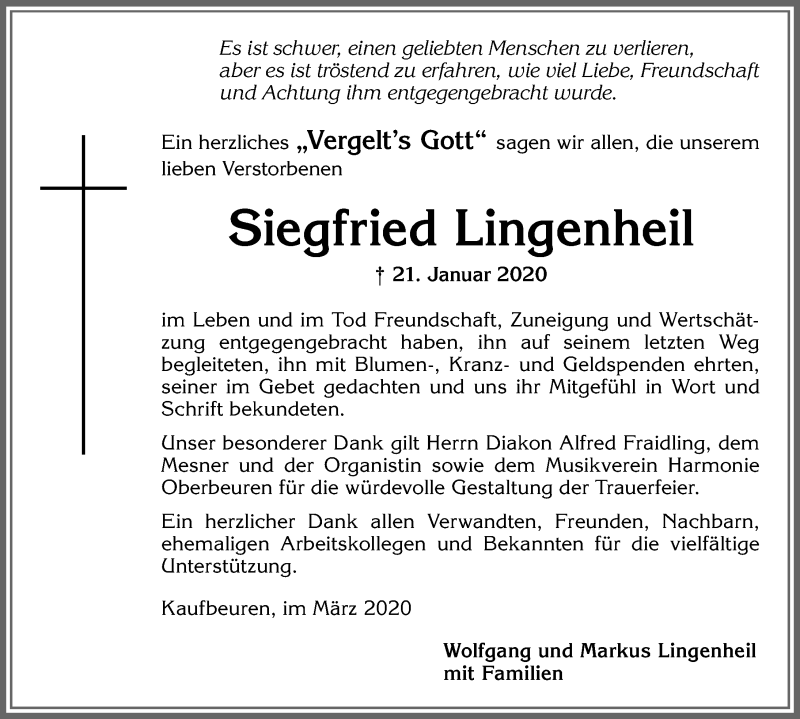 Traueranzeige von Siegfried Lingenheil von Allgäuer Zeitung, Kaufbeuren/Buchloe