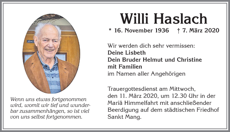 Traueranzeige von Willi Haslach von Allgäuer Zeitung,Kempten