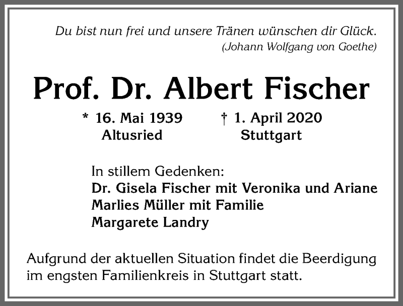 Traueranzeige von Albert Fischer von Allgäuer Zeitung,Kempten