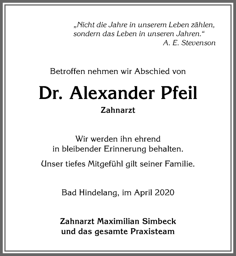 Traueranzeige von Alexander Pfeil von Allgäuer Anzeigeblatt