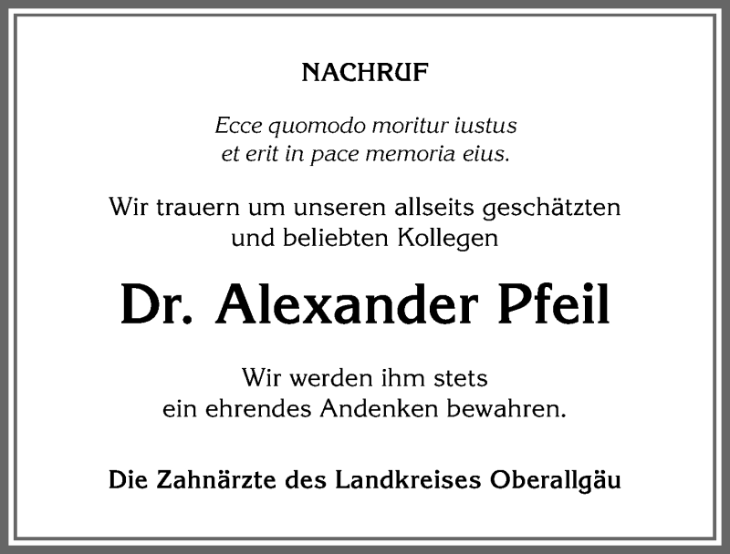 Traueranzeige von Alexander Pfeil von Allgäuer Anzeigeblatt