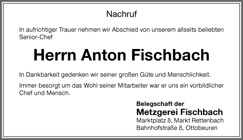 Traueranzeige von Anton Fischbach von Allgäuer Zeitung