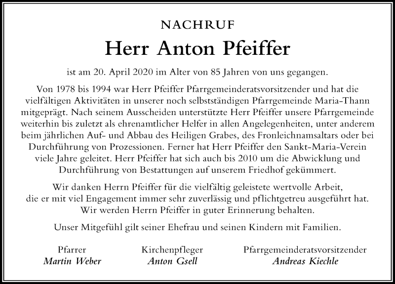 Traueranzeige von Anton Pfeiffer von Der Westallgäuer