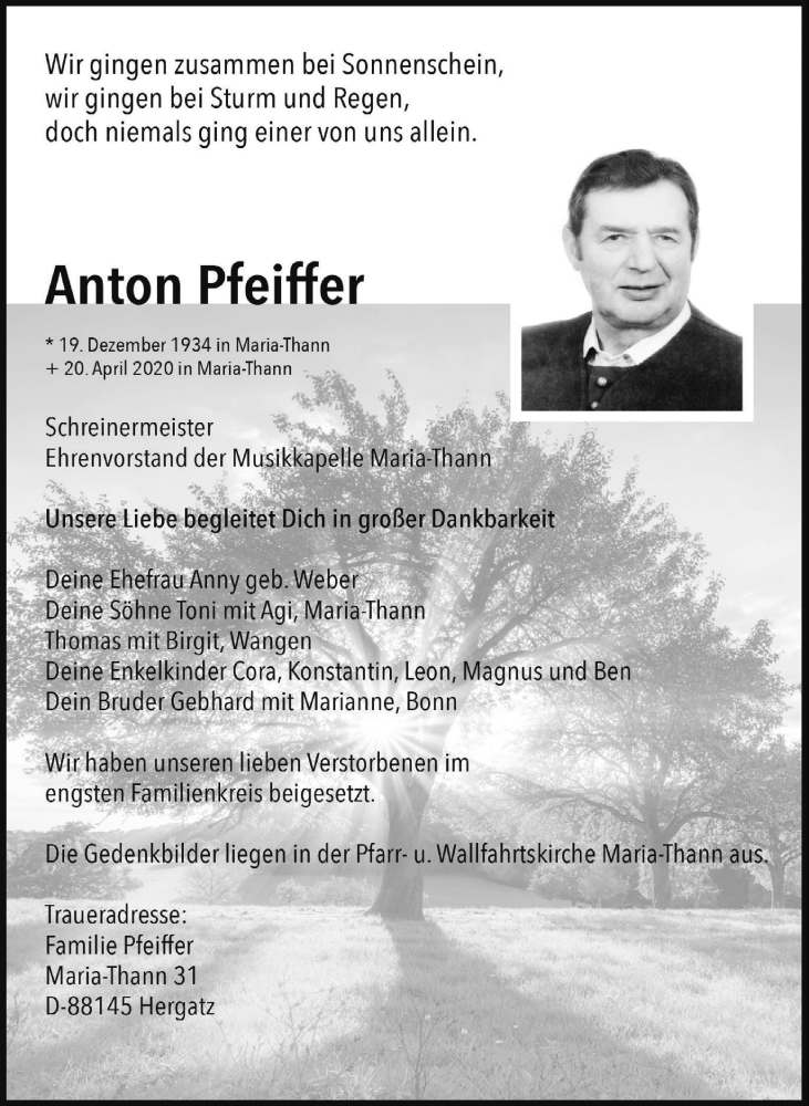 Traueranzeige von Anton Pfeiffer von Der Westallgäuer