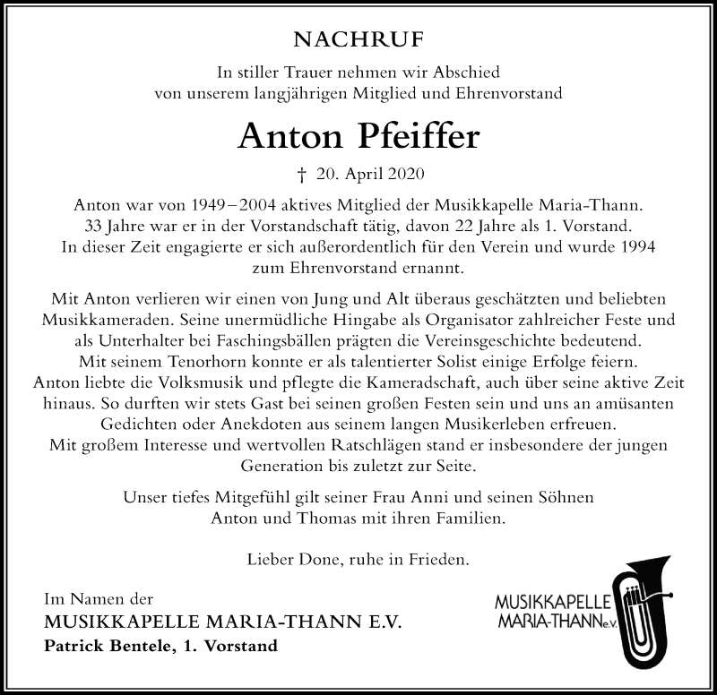 Traueranzeige von Anton Pfeiffer von Der Westallgäuer