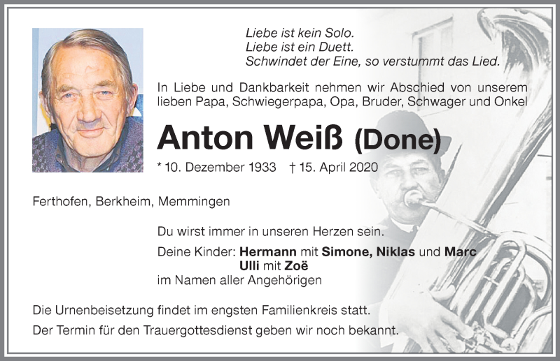 Traueranzeige von Anton Weiß von Memminger Zeitung