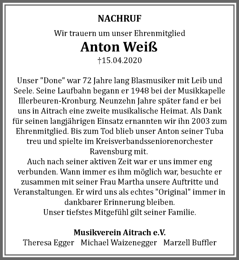 Traueranzeige von Anton Weiß von Memminger Zeitung