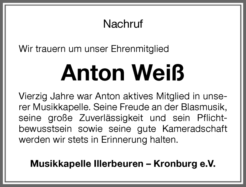 Traueranzeige von Anton Weiß von Memminger Zeitung