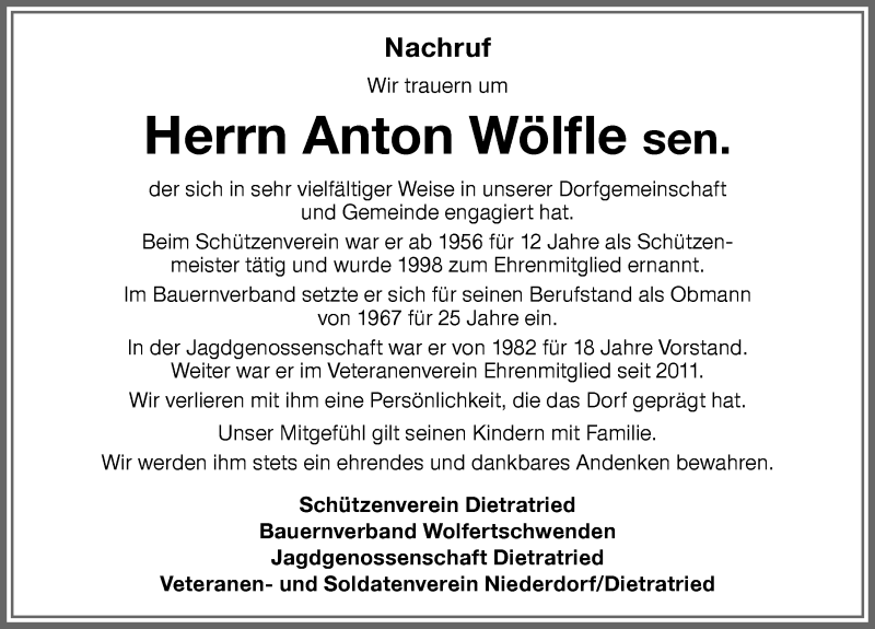 Traueranzeige von Anton Wölfle von Memminger Zeitung