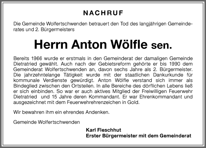 Traueranzeige von Anton Wölfle von Memminger Zeitung