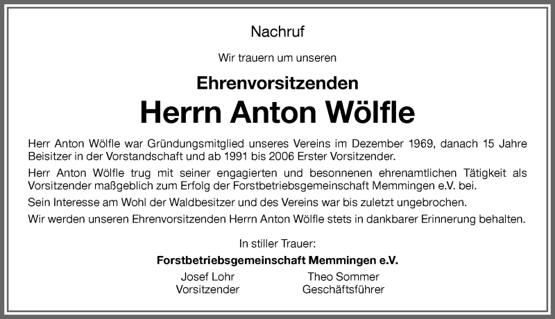 Traueranzeige von Anton Wölfle von Memminger Zeitung