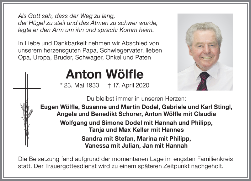 Traueranzeige von Anton Wölfle von Memminger Zeitung