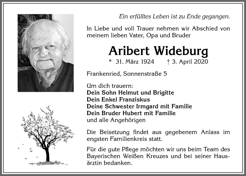 Traueranzeige von Aribert Wideburg von Allgäuer Zeitung, Kaufbeuren/Buchloe