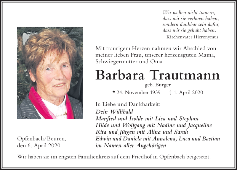 Traueranzeige von Barbara Trautmann von Der Westallgäuer