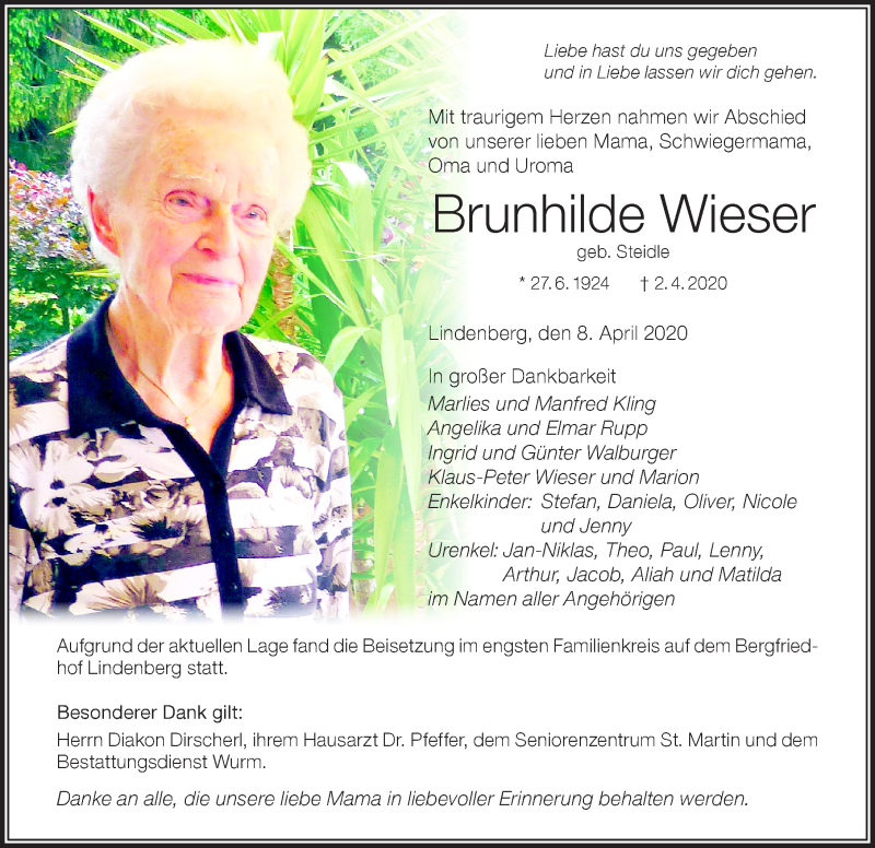 Traueranzeige von Brunhilde Wieser von Der Westallgäuer