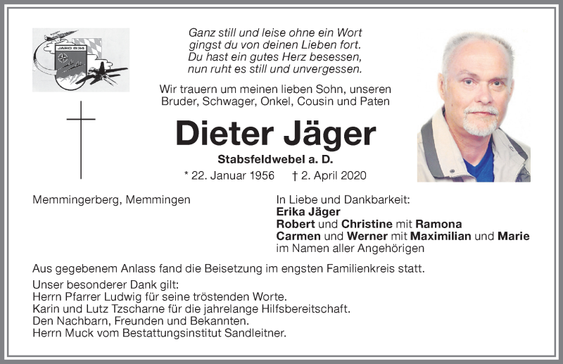 Traueranzeige von Dieter Jäger von Memminger Zeitung