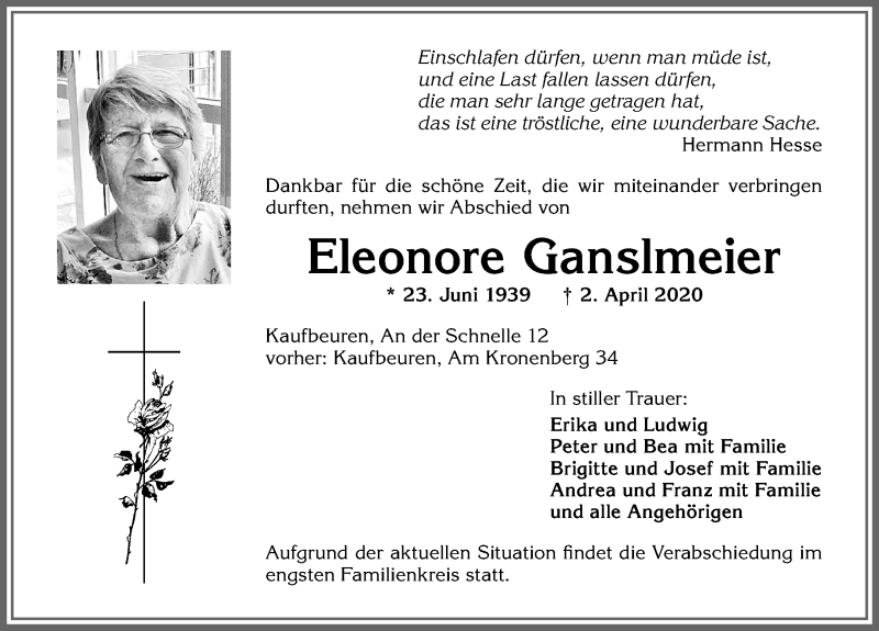 Traueranzeige von Eleonore Ganslmeier von Allgäuer Zeitung, Kaufbeuren/Buchloe