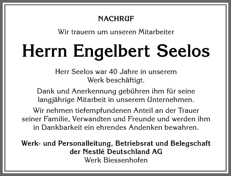 Traueranzeige von Engelbert Seelos von Allgäuer Zeitung