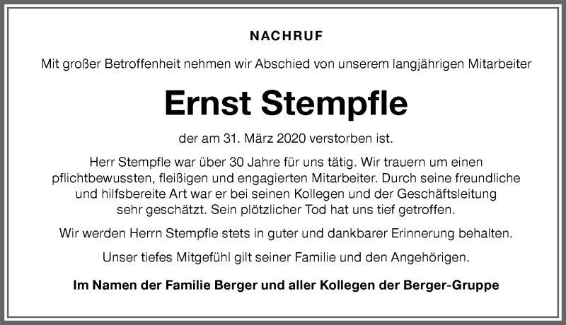 Traueranzeige von Ernst Stempfle von Memminger Zeitung