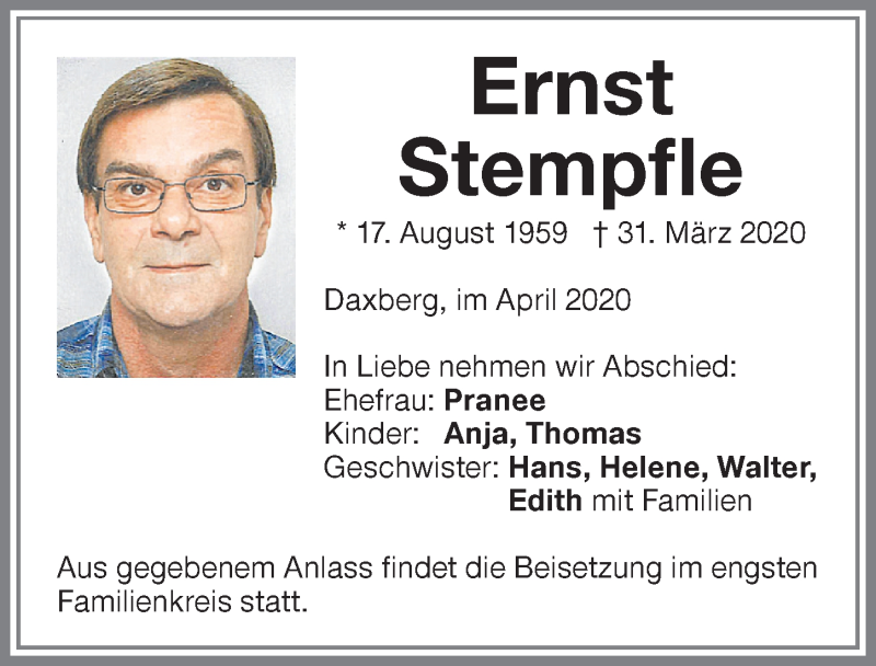 Traueranzeige von Ernst Stempfle von Memminger Zeitung