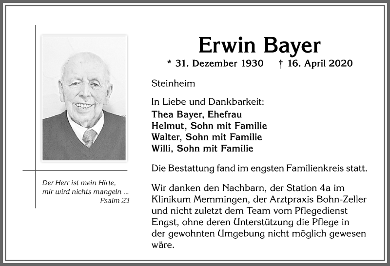 Traueranzeige von Erwin Bayer von Memminger Zeitung