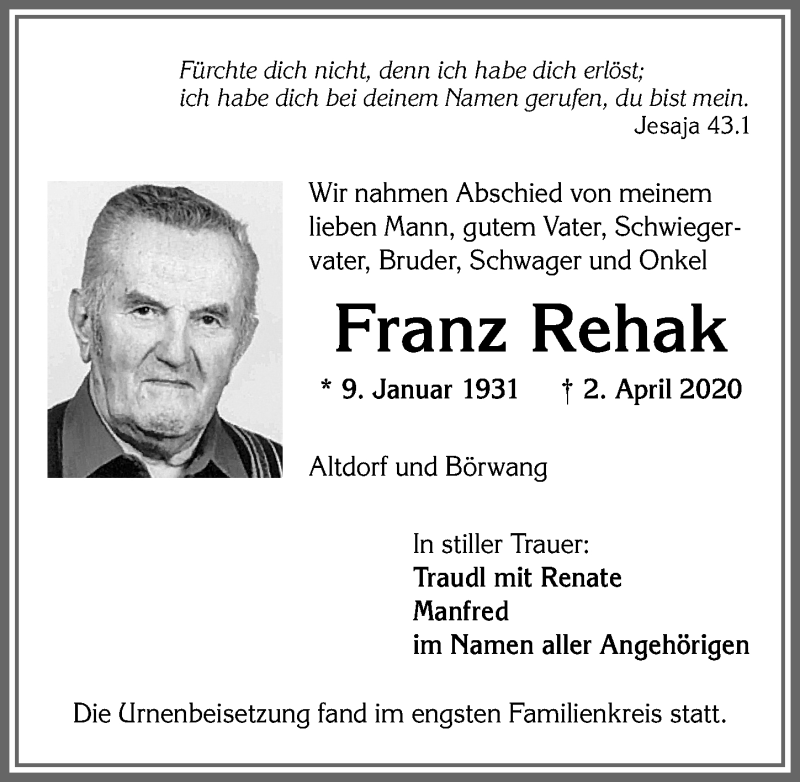 Traueranzeige von Franz Rehak von Allgäuer Zeitung