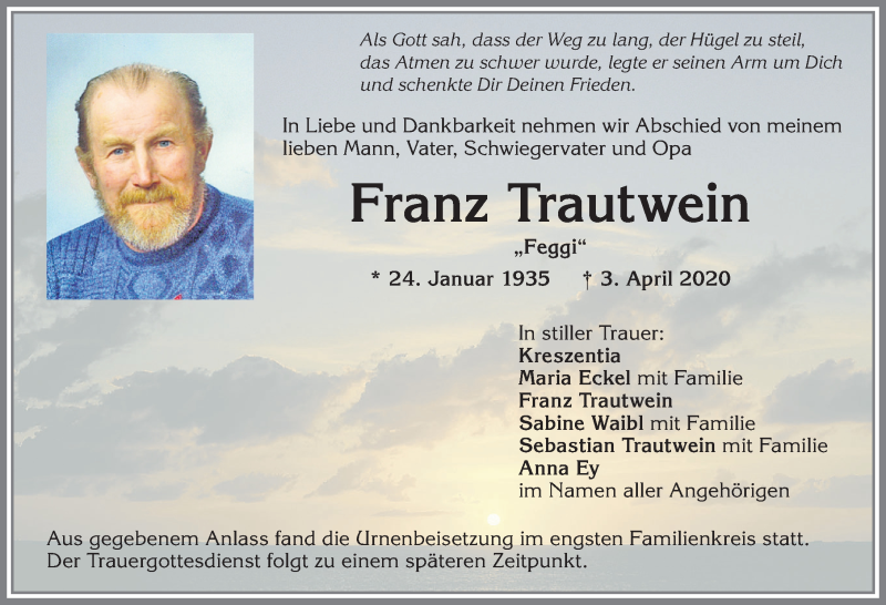 Traueranzeige von Franz Trautwein von Allgäuer Zeitung, Kaufbeuren/Buchloe