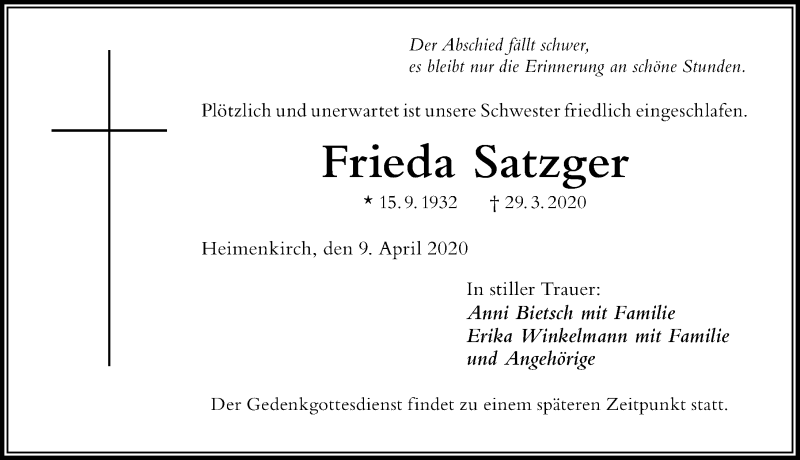 Traueranzeige von Frieda Satzger von Der Westallgäuer