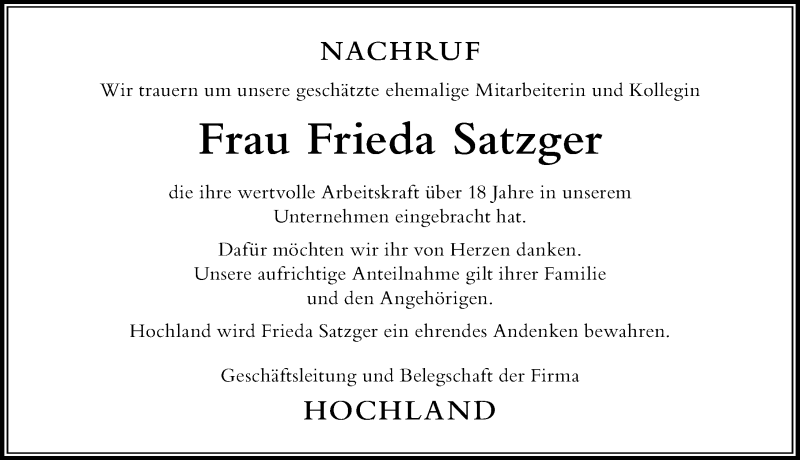 Traueranzeige von Frieda Satzger von Der Westallgäuer