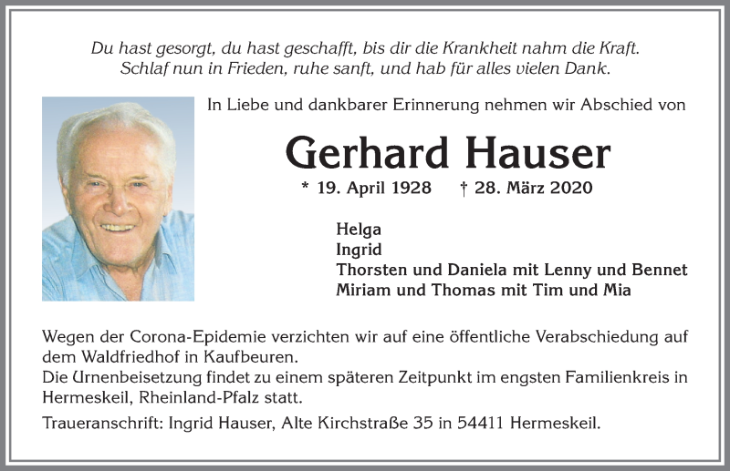 Traueranzeige von Gerhard Hauser von Allgäuer Zeitung, Kaufbeuren/Buchloe