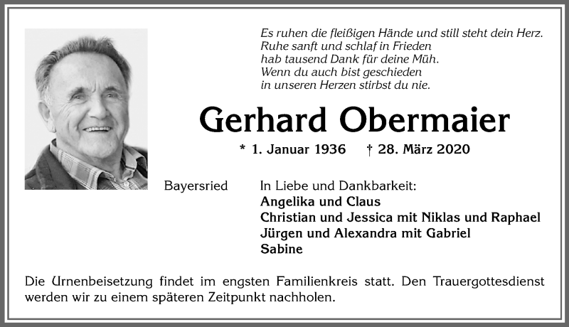 Traueranzeige von Gerhard Obermaier von Allgäuer Zeitung, Marktoberdorf