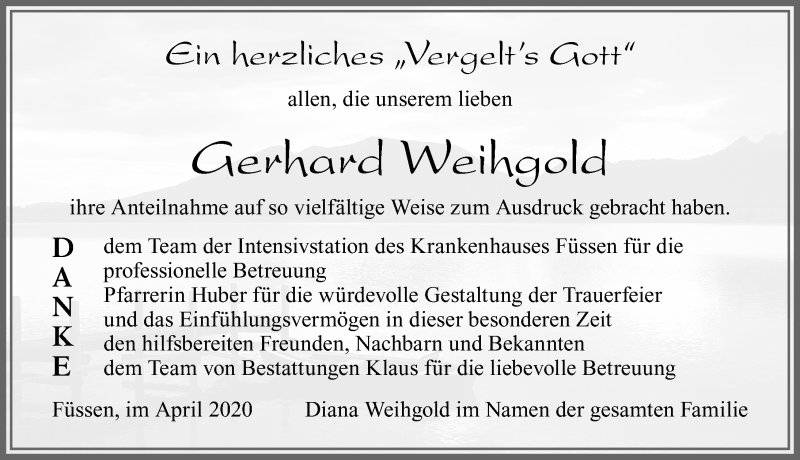 Traueranzeige von Gerhard Weihgold von Allgäuer Zeitung, Füssen