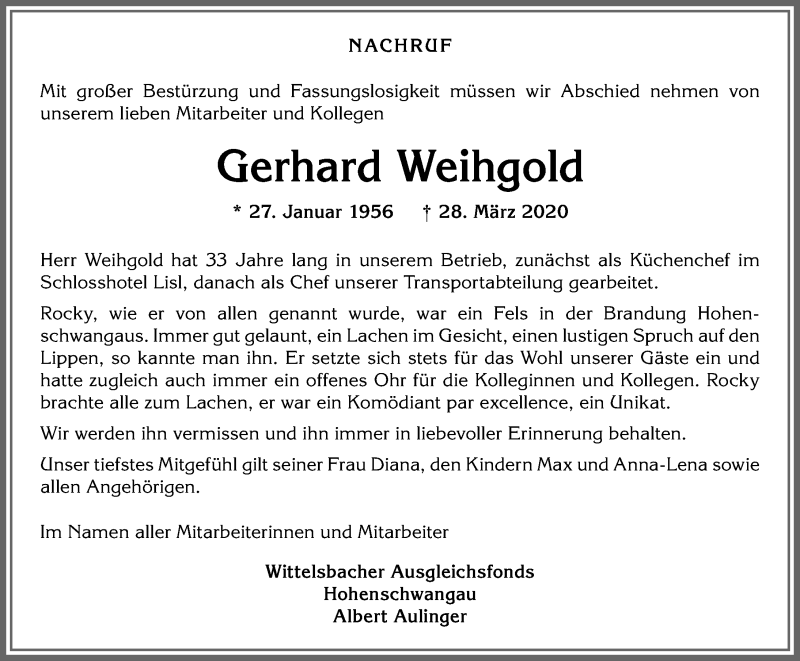 Traueranzeige von Gerhard Weihgold von Allgäuer Zeitung, Füssen