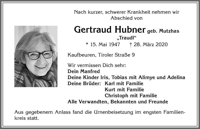 Traueranzeige von Gertraud Hubner von Allgäuer Zeitung, Kaufbeuren/Buchloe