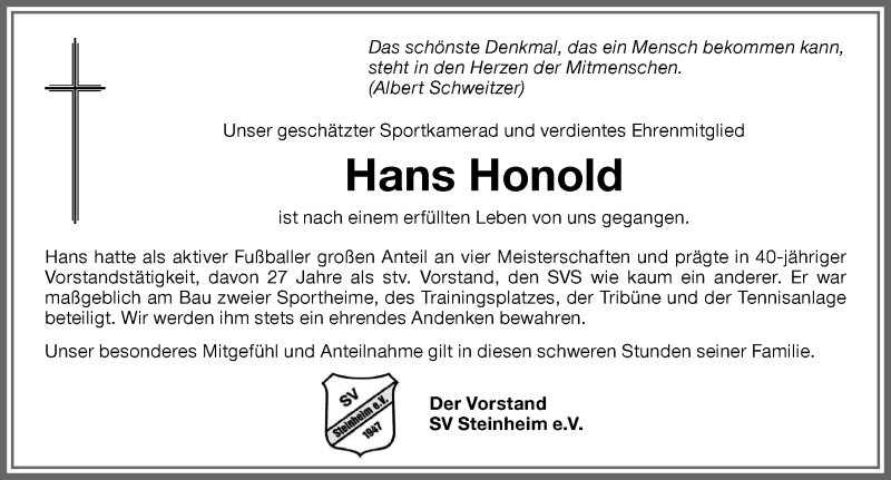 Traueranzeige von Hans Honold von Memminger Zeitung