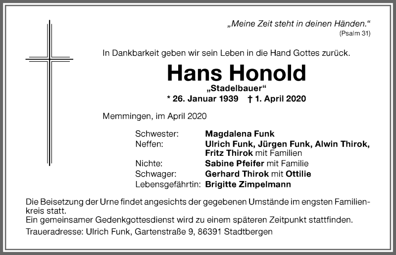 Traueranzeige von Hans Honold von Memminger Zeitung