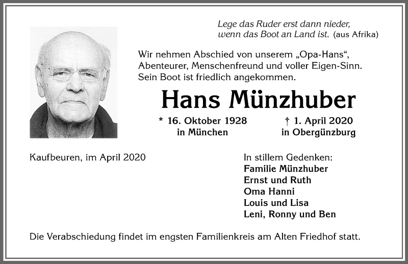 Traueranzeige von Hans Münzhuber von Allgäuer Zeitung, Kaufbeuren/Buchloe